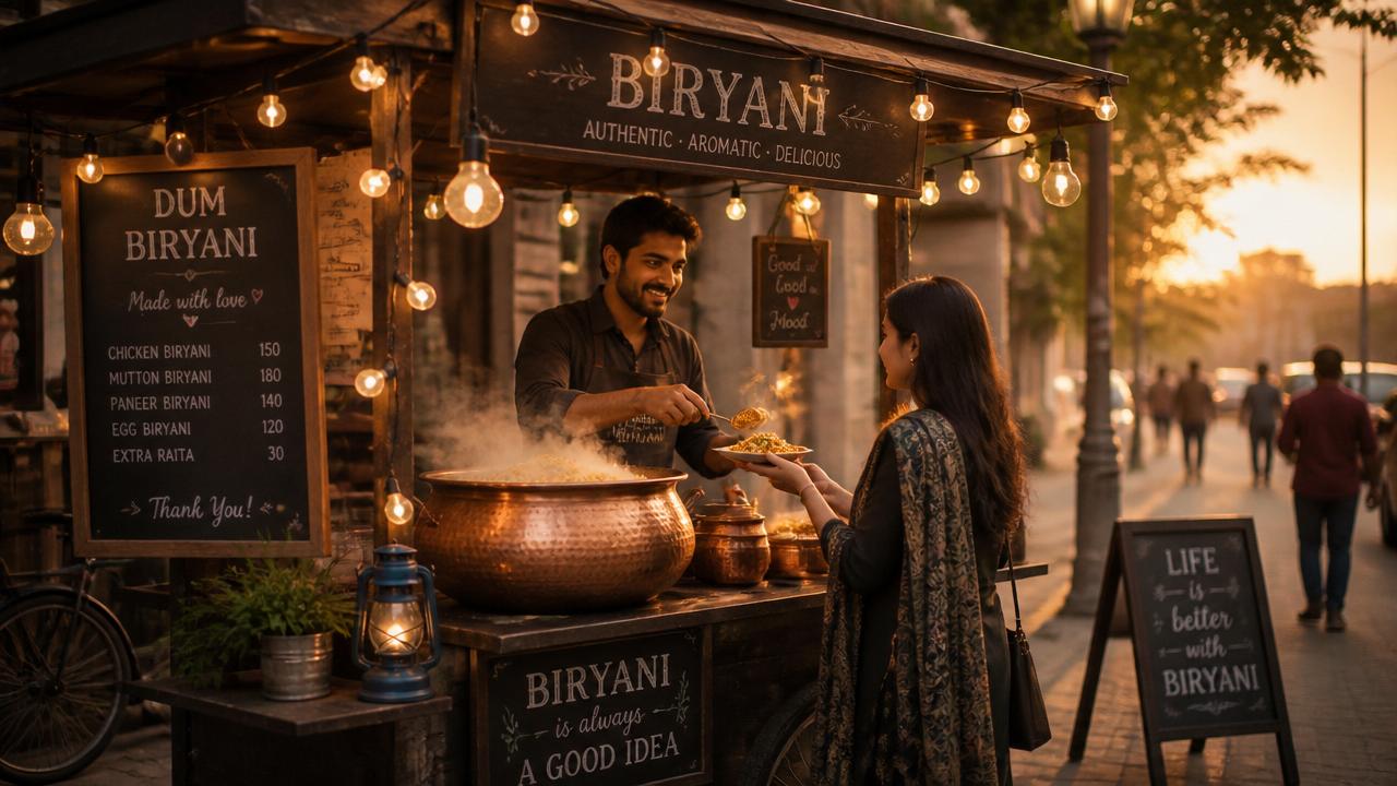 Biryani food cart at golden hour with warm string lights